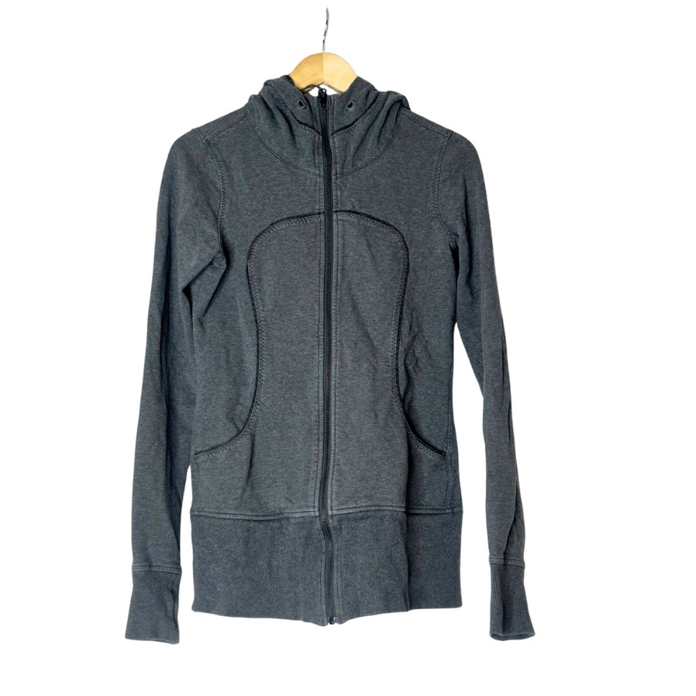 Lululemon Scuba Hoodie Dark Feathered Gray with Black Detailing – Size 6
